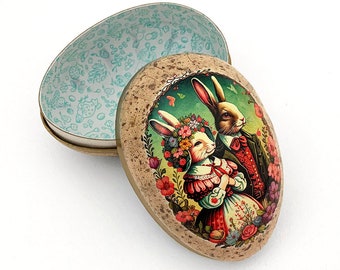 New Germany 4-1/2" Papier Paper Mache Folkloric Bunnies Easter Egg Box Erzgebirge Region PME128S