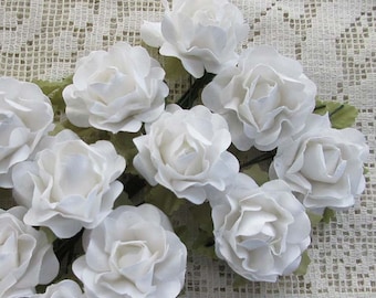 36 Paper Flowers Handmade Open Millinery Roses In White ~ 6 Bundles