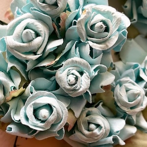 72 Roses Paper Millinery Flowers Dainty Handmade Rose In Light Blue - 12 Bundles