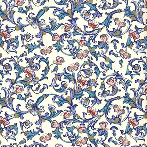 May include: A seamless pattern featuring a repeating design of blue and gold floral vines with pink and red butterflies on a white background.