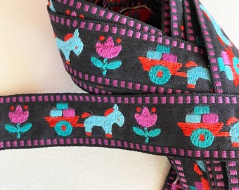 7-1/4 Yards Donkey Trim 1-1/16" Wide Jacquard Ribbon Black Turquoise Pink RV47