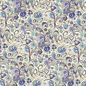 May include: A seamless pattern with a white background and intricate blue and gold swirls, vines, and floral designs.
