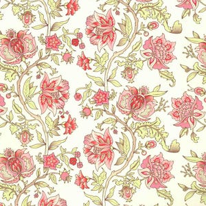 May include: A seamless floral pattern featuring stylized pink and red flowers with green leaves and brown stems against a cream background. The design has a vintage, botanical aesthetic, suitable for fabric or wallpaper.