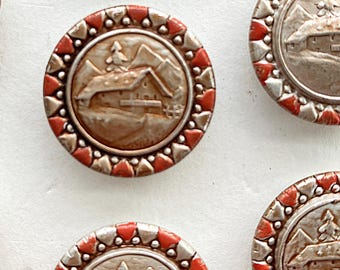 8 Vintage Molded Metal Swiss Mountain Alps Chalet 7/8" Buttons AB-3