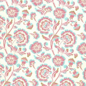 May include: A repeating floral pattern featuring large, stylized flowers in shades of pink, light blue, and gold against a cream-colored background. The design includes detailed petals and leaves, creating a vintage or classic aesthetic. The pattern is suitable for fabric or wallpaper.
