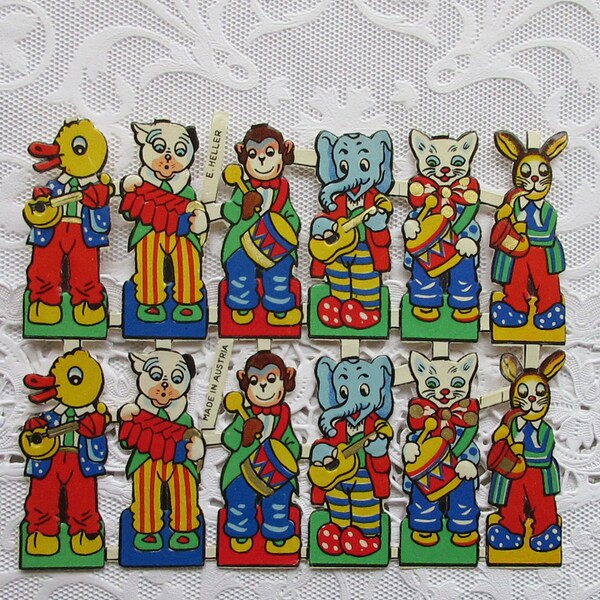 12 Austria Vintage Heller Anthropomorphic Animals In Clothes Scraps Die Cut Paper Scrap 1940s