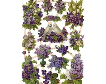 Germany Paper Scraps Lithographed Die Cut Victorian Birds Violets And Lilacs 7367
