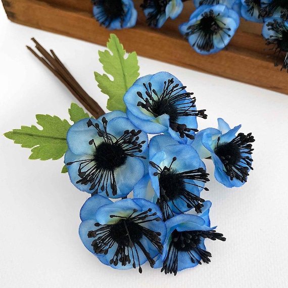 Czech Spray of 6 Blue Anemone Flowers Fuzzy Centers NFC063BL - Etsy