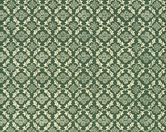May include: A seamless pattern of white floral designs on a dark green background. The pattern features a repeating motif of stylized roses and leaves.