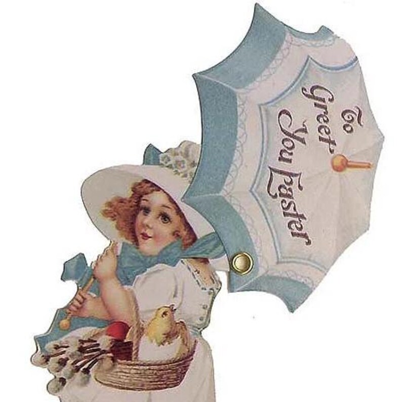 May include: A vintage Easter card featuring a girl in a white dress and blue bonnet holding a basket of Easter eggs and a chick. The card has a blue and white umbrella with the text "To Greet You Easter".
