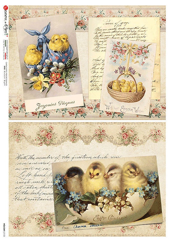 2 Sheets Italy Rice Paper Decoupage Sheet Old Fashioned Easter Chicks  Collage RCP-HOL-103 x2