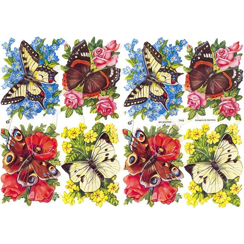 Germany Paper Scraps Lithographed Die Cut Butterflies And Flowers 7143 image 1