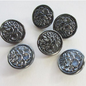 6 Vintage Czech Glass Buttons Handmade Black And Silver Glass Czechoslovakia B-11