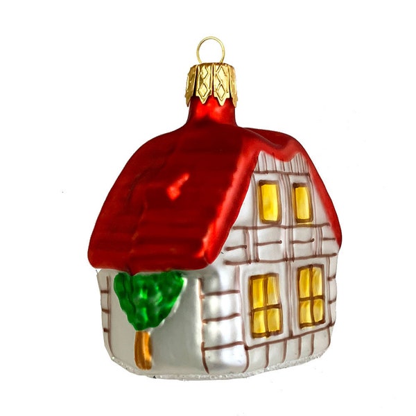 1 Czech Blown Glass Half Timbered House Christmas Ornament Decoration DIY Velvet Hanger 2-1/2" HLC63