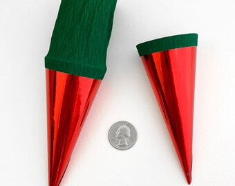 2 Germany Metallic Paper Cones For You To Decorate Red Foil Green Crepe CON04-RGR