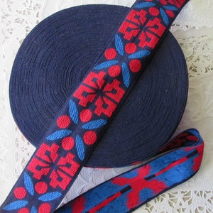 4 Yards Vintage Holland 2&quot; Wide Cotton Jacquard Red Blue Ribbon Trim TT20