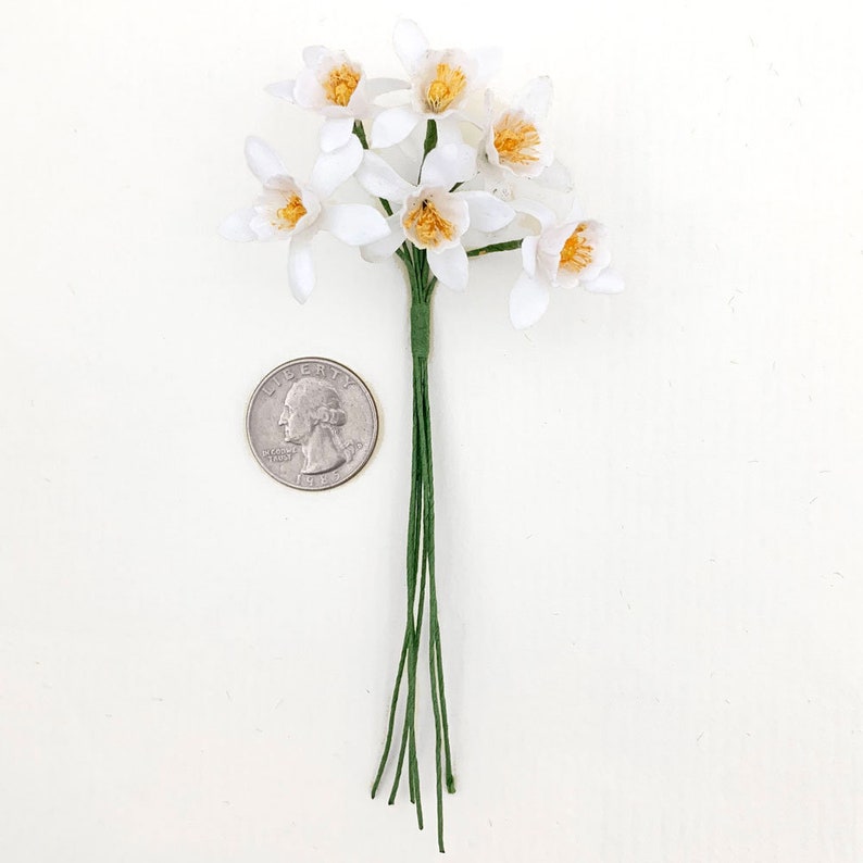 May include: A bouquet of white paper flowers with yellow centers. The flowers are arranged in a cluster and have green stems.
