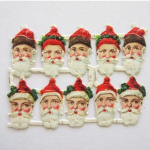 10 Germany Vintage M&S 1930s Christmas Santa Claus Heads Out Of Print Scraps Die Cut Paper Scrap Faces Sheet A #A