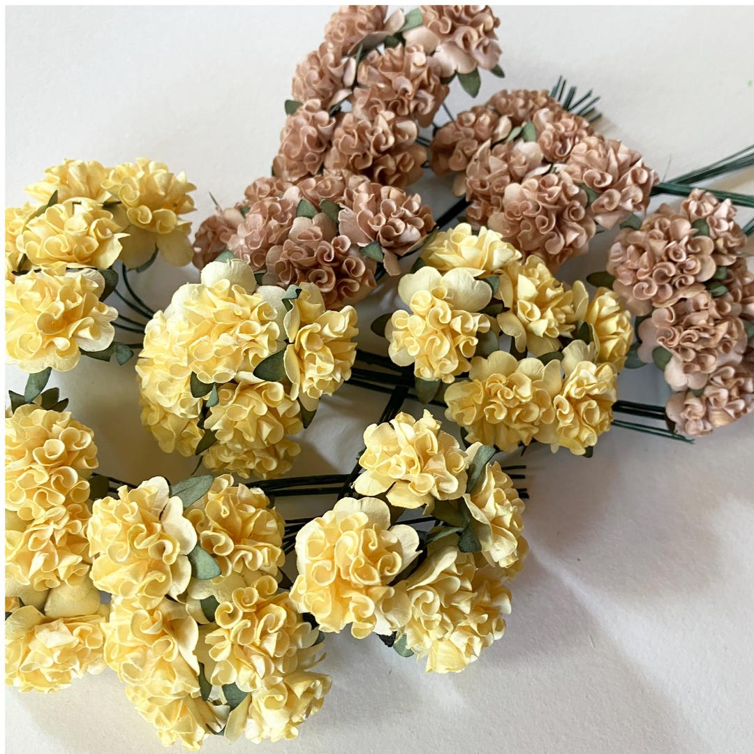 60 Ruffled Paper Flowers: Yellow & Cocoa Brown Pom Poms, Autumn Decor ...