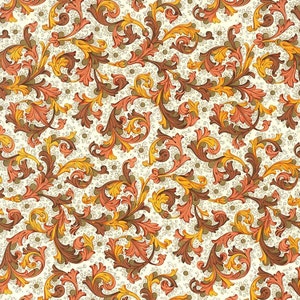 May include: A seamless pattern featuring intricate brown, orange, and yellow floral designs on a white background. The pattern is reminiscent of traditional wallpaper or fabric.