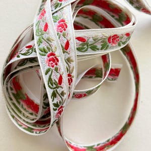 4 Yards Vintage Japan Rose Trim 1/2&quot; Wide Jacquard Ribbon White Red Pink Green T02