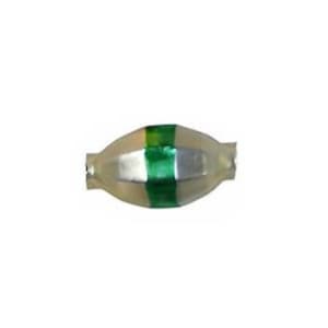 May include: A small, clear, oval-shaped component with a green and silver band around the center. The component has a slightly bulbous shape and is set against a white background.