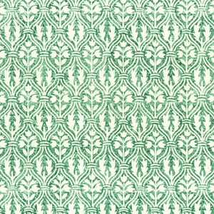 May include: A seamless pattern of green floral designs on a white background. The pattern is made up of repeating motifs of stylized leaves and flowers.
