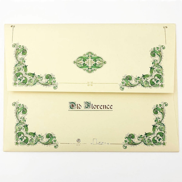 Italian Stationery Letter Writing Set in Portfolio ~ 10 sheets + 10 envelopes ~ Green Florentine Design Italy Paper CTL-V09