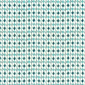 May include: A seamless pattern of white, teal, and dark blue diamonds on a white background. The diamonds are made up of thin lines and have a slightly distressed look.