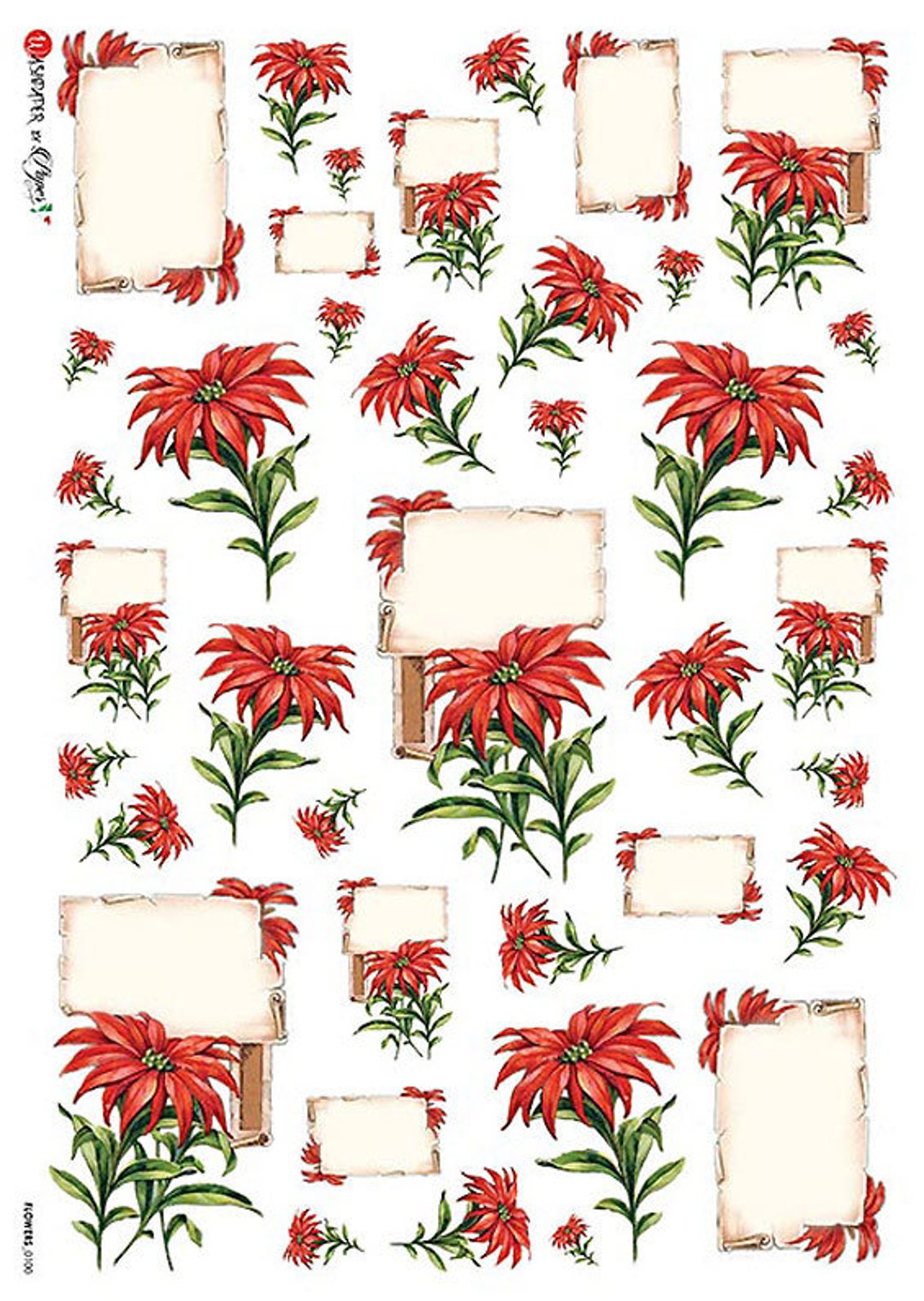 From Italy 2 Sheets Italian Rice Paper Decoupage Poinsettia Scrolls ...