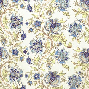 May include: A seamless floral pattern featuring stylized blue flowers with intricate details, set against a cream-colored background. The design includes delicate branches and leaves in shades of green and brown, creating a classic, elegant aesthetic.