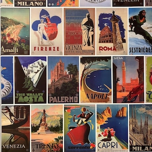 May include: A collection of vintage travel posters featuring Italian cities and landscapes. Posters include Amalfi, Florence, Vicenza, Rome, and others. Each poster has a unique design with vibrant colors and text, showcasing Italian destinations.