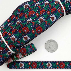 4 Yards Czech Woven Blue Floral Folkloric Traditional Embroidered Jacquard Trim 1/2&quot; Wide Ribbon CFT023BLU