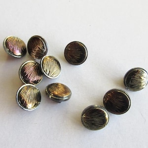 10 Vintage Glass Buttons Handmade Greenish Iridescent Black Glass CB26