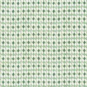 May include: A seamless pattern of green and white diamonds. The diamonds are made up of thin, diagonal lines. The background is white.