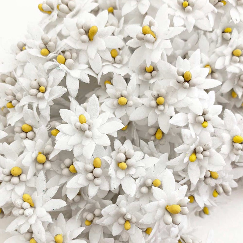 K&ouml;nnte beinhalten: Eine Ansammlung kleiner, wei&szlig;er Papierblumen mit gelben und grauen Zentren. Die Blumen haben mehrere Bl&uuml;tenbl&auml;tter und sind dicht gepackt, wodurch eine strukturierte, florale Anordnung entsteht. Der Gesamteffekt ist zart und detailliert.