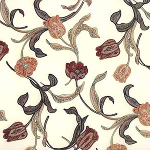 May include: A white background with a repeating pattern of stylized tulips in shades of orange, red, and brown. The tulips are outlined in black and have a paisley-like design.