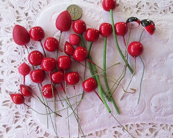 24 Germany Vintage Millinery Fruit Assorted Red + 2 Czech Lady Bugs