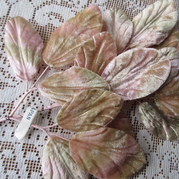 Vintage Millinery Leaves 1950s Japan Pale Pink And Green Ombre Velvet Leaves  VL118LGX