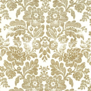May include: A repeating pattern of gold floral damask on a white background. The design features large, stylized flowers, leaves, and scrolling vines. The pattern has a slightly distressed, vintage appearance, suitable for wallpaper or fabric.