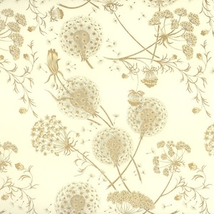 May include: Cream-colored background with a repeating pattern of dandelions and other floral elements in shades of gold. The design features detailed illustrations of seed heads and delicate stems, creating a natural, botanical theme.