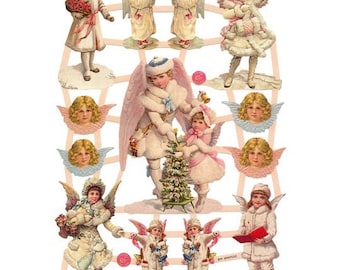 From Germany Paper Scraps Die Cut Victorian Pink Angels Christmas  7418