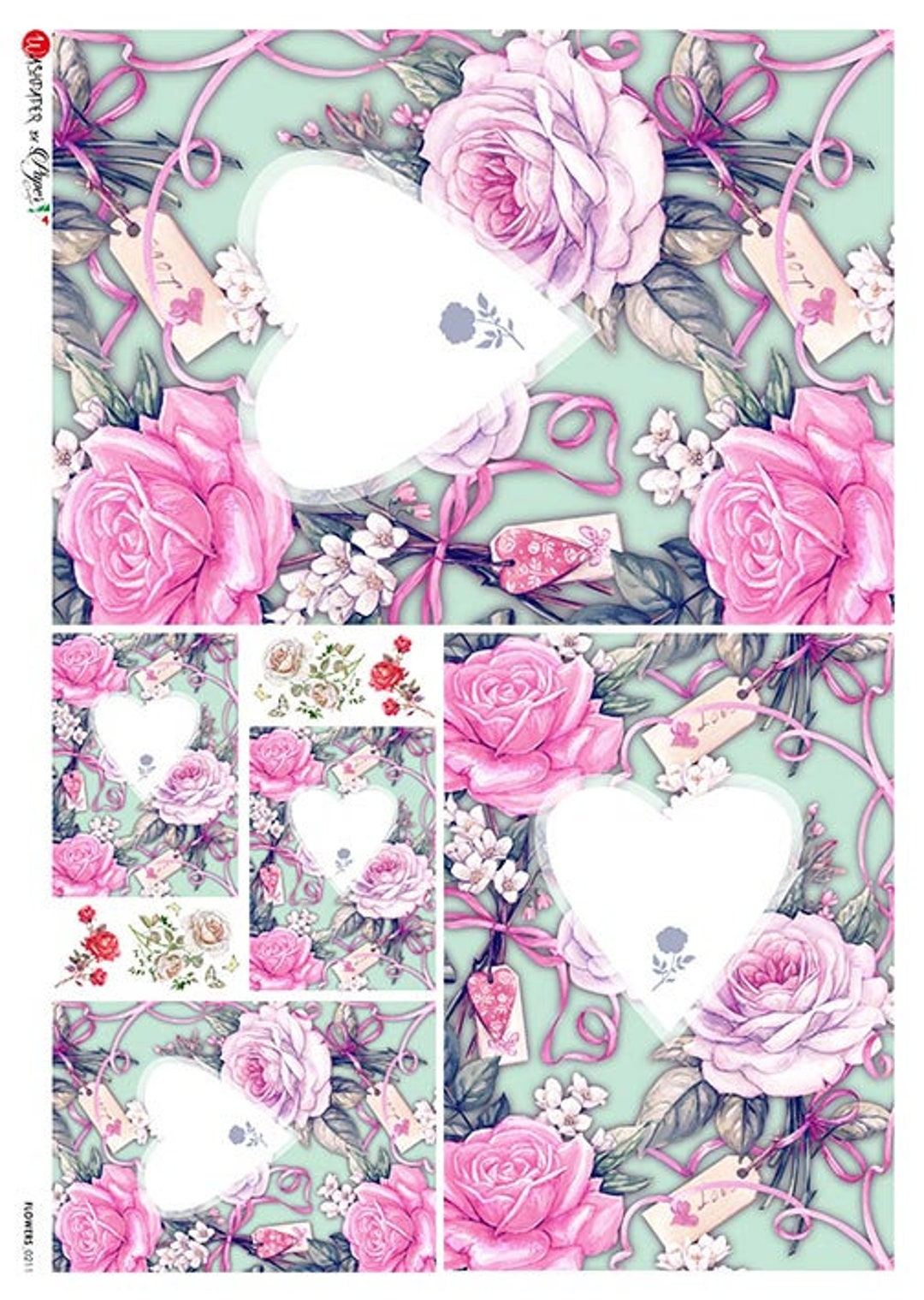 From Italy 2 Sheets Italian Rice Paper Decoupage Hearts Flowers RCP-FL ...