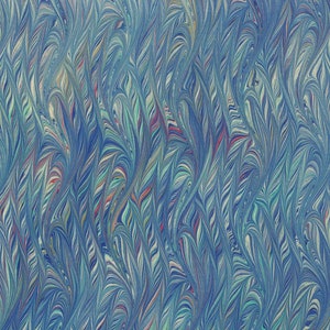 May include: A close-up of a marbled paper design with a flowing pattern. The design features a blend of blues, greens, and white, creating a textured, wave-like effect. The paper has a vintage aesthetic, with a subtle, aged appearance.