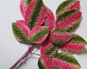 Vintage Millinery Leaves 1950s Japan Velvet Large Pink Green Ombre Leafs VL065GPM