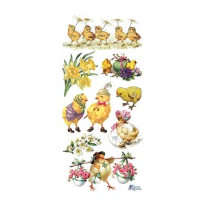 May include: A collection of vintage Easter illustrations featuring yellow chicks, flowers, and eggs. The chicks are depicted in various poses, including walking, holding umbrellas, and carrying baskets. The flowers are a mix of daffodils and daisies, and the eggs are decorated with floral patterns.