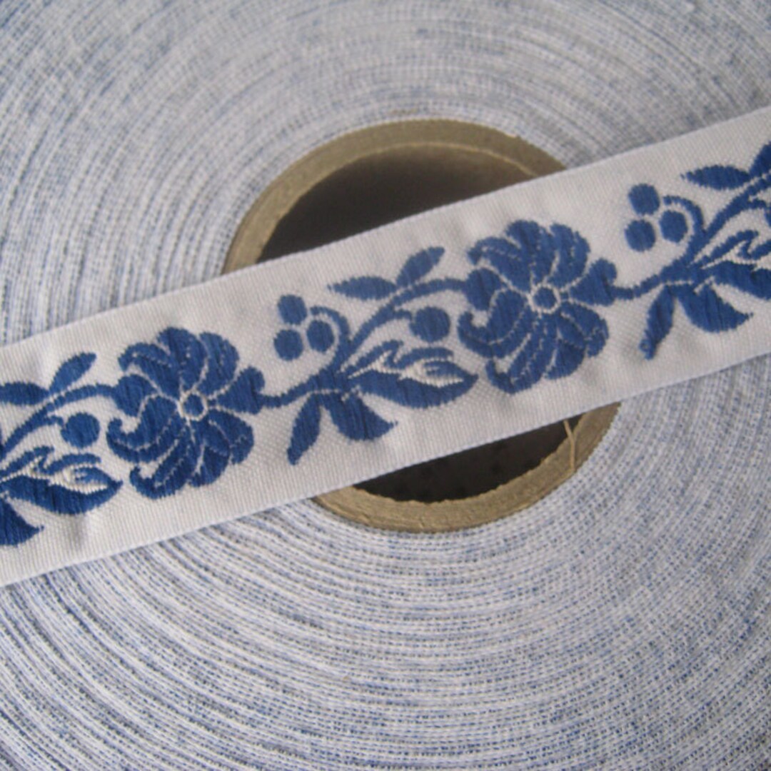 4 Yards Czech Woven Dark Blue Floral Folkloric Traditional