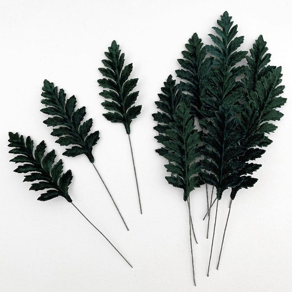 12 Czech Velvet Fern Leaves Millinery Embossed Green Leafs  NLC130-G