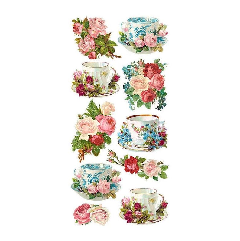 May include: A collection of vintage-style teacups and floral arrangements. The teacups feature delicate floral patterns and are accompanied by matching saucers. The floral arrangements include roses in shades of pink, red, and white, with green foliage.
