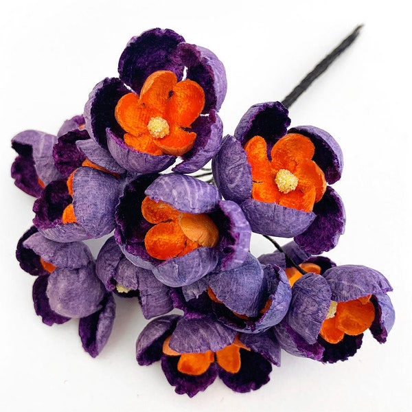 12 Czech Large Velvet And Paper Buttercups Millinery Fabric Flowers Purple & Orange NFC054-PUO